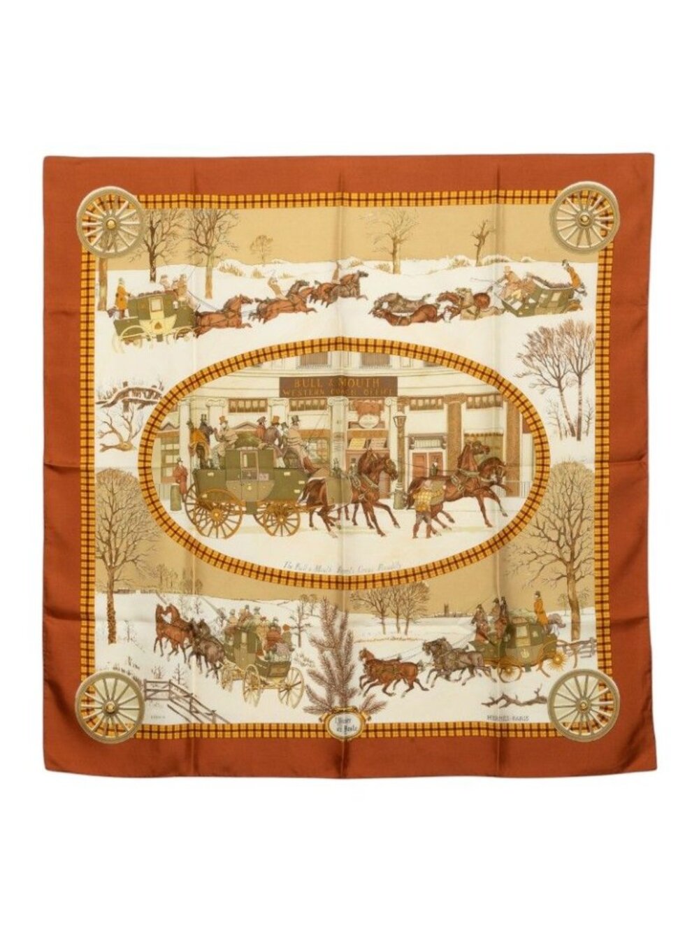 Hermes Carre 90 Winter Mail L'hiver en Poste Scarf Brown Silk